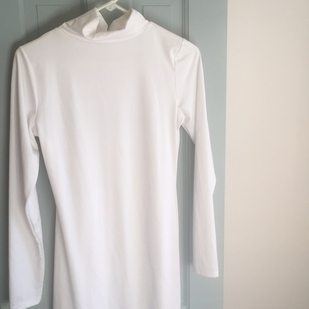 White long sleeve turtle neck dress.